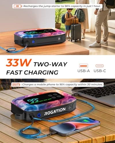 ROGATION Jump Starter with Air Compressor, Portable Car Battery Jump Starter, 12V Booster for Gas/Diesel Engines, Tire Inflator, Power Bank & LED Light (Black-10000ma/h -1.0) - Thumbnail 3