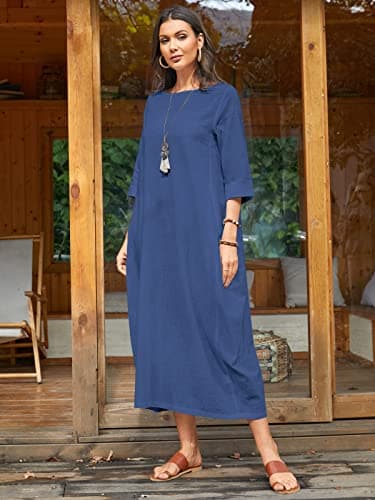 Celmia Women's 3/4 Sleeve Round Neck Solid Loose Long Maxi Dress Cotton Gown with Side Pockets Light Blue M - Thumbnail 2