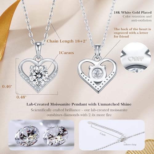 JACUPO Moissanite Necklace for Women 1CT Heart Brilliant Heart Pendant Necklace D Color VVS1 S925 Sterling Silver Jewelry 18K White Gold Plated for Love Friend Mother’s Day Christmas Anniversary Birthday Gift for Wife Her Convey I Love You Message 18inch(for Friend) - Thumbnail 3