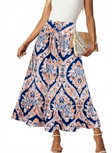 BLENCOT Maxi Skirts for Women Spring Summer Bohemian Floral Print Smocked A line Swing Long Skirt Blue Small - Image 1