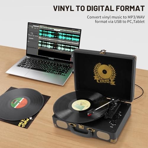 Vinyl Record Player Bluetooth Turntable 3-Speed Suitcase Portable Vintage Belt-Driven Record Player with Built-in Speakers RCA Line Out AUX in Headphone Jack LP Recording to Convert Records to MP3 - Thumbnail 4