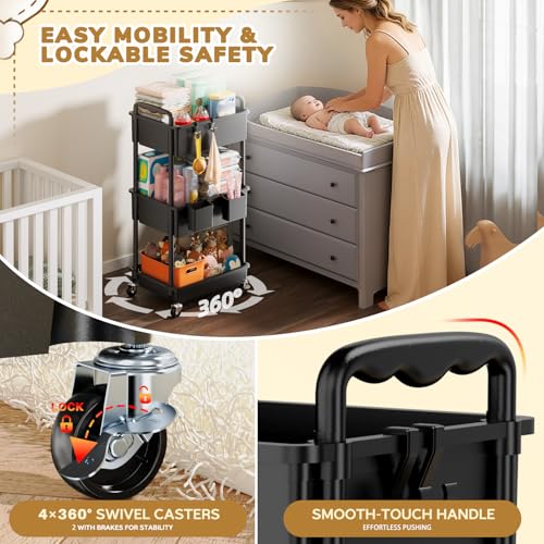 Goovilla Diaper Cart with Lockable Wheels and Easy Assembly, 3 Tier Black Rolling Cart for Baby Nursery Storage, Sturdy Ample Diaper Caddy Organizer for Baby Girl, Boy, New Mom, Newborn Essentials - Thumbnail 5