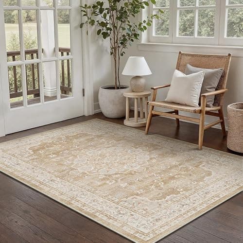HUGEAR Area Rugs 3x5 Machine Washable Vintage Beige Brown Living Room Rug Throw Carpet Non Slip Stain Resistant Low Pile for Office Home Retro Aesthetic Modern Decor - Thumbnail 2