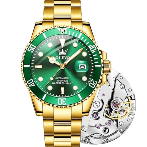OLEVS Watch Men Gold Green Face Luxury Automatic Self Winding Analog Waterproof Wrist Watches for Men Casual Mechanical Luminous Stainless Steel Dress Mens Watches - Image 1