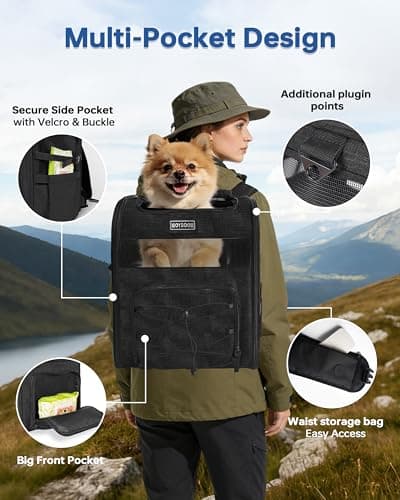 Hiking Dog Carrier Backpack, Padded Height-Enhancing Design, Adjustable Waist Cushioning Belt with Breathable Padded Back Support, Dog Carrier Backpack for Small Dogs Max 13LB Black with Pad - Thumbnail 5