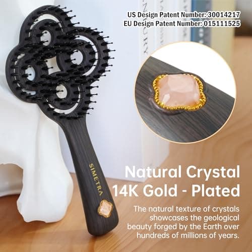 Simetra Detangler Hair Brush for Women and Men, Holiday Present - Original Detangling Brush for Curly Hair/Wet & Dry Hair, Natural Boar Bristles Hairbrush - Natural Crystal Inlay & 14K Gold Plating - Thumbnail 2