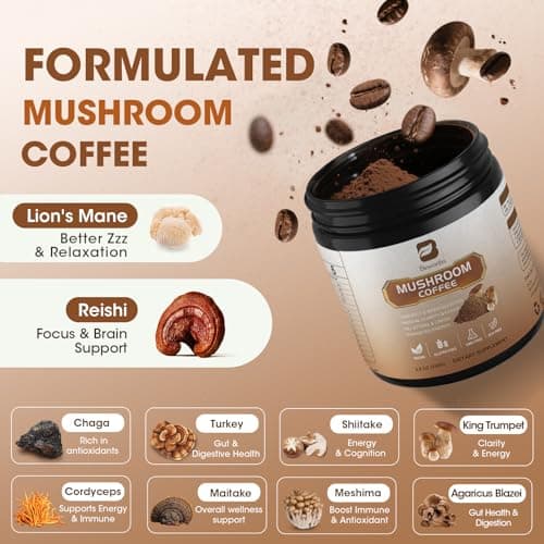 250g Mushroom Coffee - Lion's Mane Mushroom Instant Coffee Powder with Lions Mane, Reishi, Chaga, Cordyceps, Turkey Tail - Mushroom Alternative Coffe for Energy, Mental Clarity & Focus, Brain Booster - Thumbnail 3
