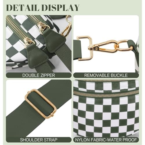 WOOMADA Checkered Crossbody Bag Bum Bag for Women, Fanny Pack Checkered Purse, Belt Bag with Shoulder Strap(Army Green Checkerboard) - Thumbnail 4