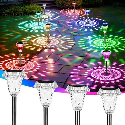 Solar Lights Outdoor Pathway Waterproof, Multicolor Decorative Garden Lights for Walkway Driveway Yard Lawn, Acrylic Solar Powered Landscape Path Lights, 10 Modes (3 White&7 Diverse Colors), 4 Pack