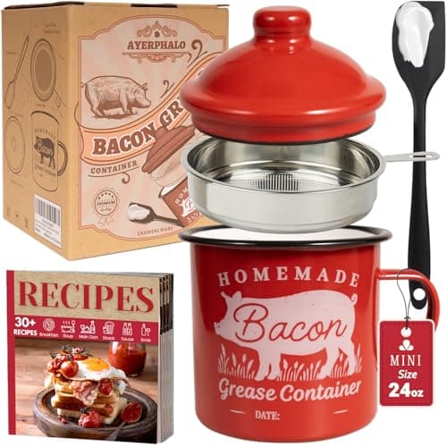 Ayerphalo Bacon Grease Container with Strainer - With Food-Grade Silicone Spatula, 24oz Enamel Rustic Farmhouse Fat Container, Keeper, Recipes, Dishwasher Safe - Image 1