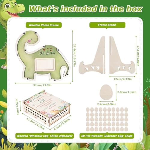 HANDSOME MONKEY KING Dinosaur Baby Shower Guest Book Alternatives, Baby Shower Decorations with Photo Frame and Wooden Dinosaur Egg Slices, Guest Sign in GuestBook for Gender Reveal Decorations - Thumbnail 2