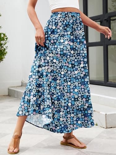 Heymoments Maxi Skirts for Women Floral Print Large High Waisted Flowy 2026 Fall Trendy A Line Summer Cute Pleated Dressy Casual Fairy Boho Teacher Holiday Beach Vacation Long Skorts with Pockets - Thumbnail 2