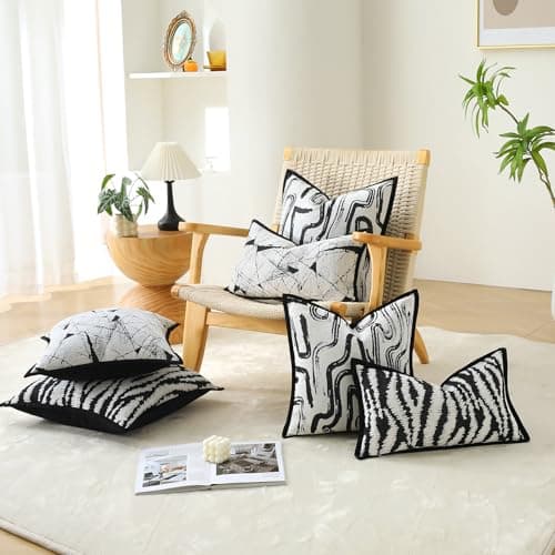 OLSUNOR Black and White Pillow Covers, 18x18 inch Textured Decorative Throw Pillow Covers w/Invisible Zipper & Velvet Flange Edge, Soft Chenille Jacquard Accent Pillow for Mother's Day, Home Decor - Thumbnail 4