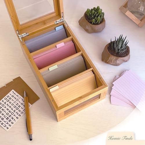 Homie Finds Bamboo Index Card Box Set - 3x5 Index Card Holder with Dividers and Morandi Cards - Wood Recipe Box with Lid (Holds 1200 Cards) - Thumbnail 2
