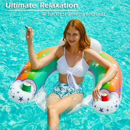 Jasonwell Inflatable Pool Float Chair - Pool Floaties Chair Floats Loungers for Swimming Pools Floating Lounger with Cup Holders Toy Party Floaties for Adults XL - Thumbnail 2