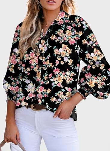 Dokotoo Womens Fall Tops for Women Long Sleeve Shirts 2026 Fashion Trendy Casual Dressy Fall Button Down Blouses T Shirts Allover Flower Print V Neck Business Work Tunic Bohemian Floral Top M Black - Thumbnail 3