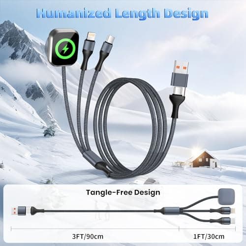 3 in 2 Multi Charging Cable Cord for iWatch Charger/IP/USB C,Travel Cruise Essentials,Braided USB A/C Cable iPhone Charger for Multiple Devices,Car Accessories for iWatch Series/iPhone 17-11/iPad-4FT - Thumbnail 6