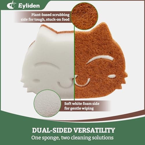 Eyliden Cat Scrub Sponges, 6 Pack | Dual-Sided Plant-Based Dish Sponges for Kitchen & Bathroom | Non-Scratch Cleaning for Dishes, Pots, Pans, Glassware - Thumbnail 2