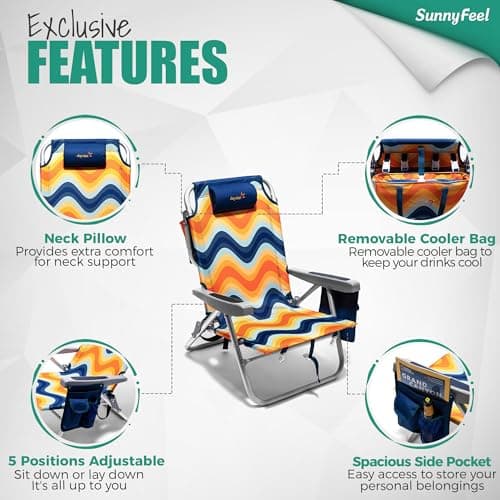 SUNNYFEEL Beach Chairs for Adults 2 Pack 5 Position Lay Flat, Portable Folding Backpack Beach Chair Heavy Duty with Cooler Bag, Cup Holder for Outdoor/Lawn/Picnic, Foldable Camping Chair - Thumbnail 6