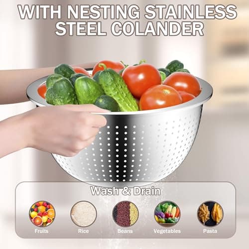 DUTZUN Stainles Steel Mixing Bowls with Lids Set, Stackable Metal Mixing & Serving Bowl with Strainer, 5-Piece - Beige - Thumbnail 4