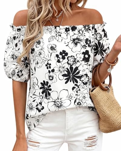 BTFBM Off The Shoulder Boho Tops for Women Summer Spring Short Sleeve Floral Loose Resort Beach Vacation Clothes 2026(Floral White, Small) - Image 1