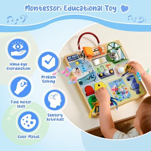 Teekdeer Busy Board Montessori Toys for Toddler 1-3 Year Old, Wooden Sensory Board with LED Light Switches,Bathroom Theme Travel Toys for 1+ Year Old Boy & Girl Birthday Gift - Thumbnail 6