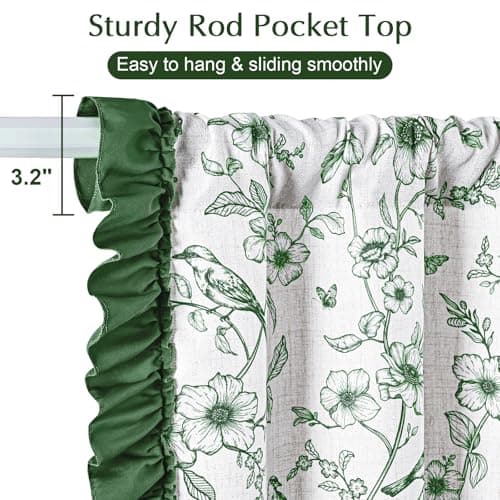 Yinhua Green Floral Kitchen Curtains 36 Inch with Ruffle and Tieback, Vintage French Linen Kitchen Window Curtains Over Sink, Light Filtering Rod Pocket Small Cafe Curtain, 26" W x 36" L, 2 Panels - Thumbnail 5