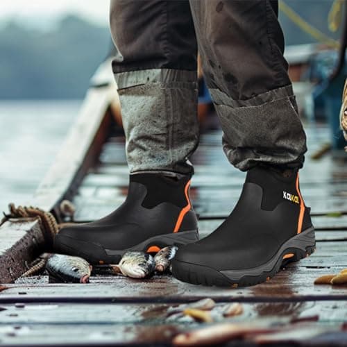 Kalkal Men's Rubber Boots, Waterproof Ankle Rain Boots, Insulated Working Booties with Comfortable Sports Sole, Outdoor Mud Boots for Yard Chore (Black,Size9) - Thumbnail 2