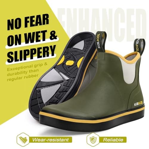 Kalkal Men's Deck Boots Anti-Slip Saltwater Fishing Rain Boots with Memory Foam, Waterproof Rubber Ankle Work Boots for Sailing (Lime Green, Size13) - Thumbnail 4