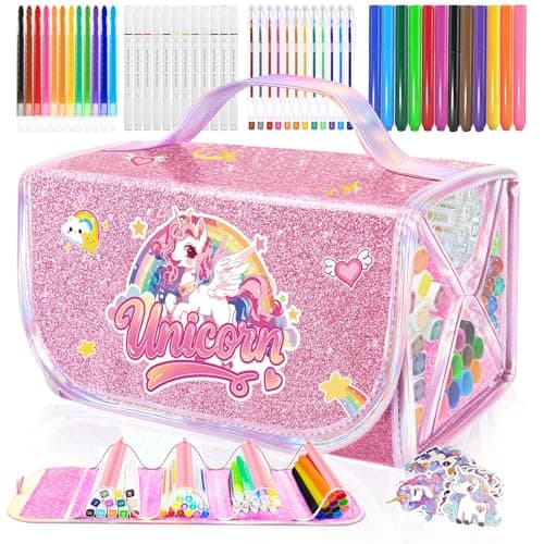 70 PCS Unicorn Arts and Crafts for Girls Ages 4-6-8, Art Supplies Set with 3D Rainbow Glitter Pencil Case, Washable Dual Markers, Scented Gel Pens, Twist-up Crayons & Unicorn Stickers, Birthday Gift