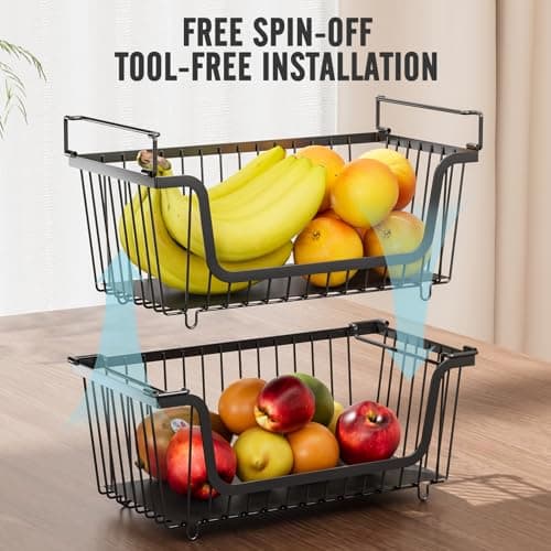GAOKASE 6 Pcs Stackable Wire Baskets for Pantry Organizers and Storage,Vegetable Fruit Basket for Countertop,Kitchen Storage Metal Baskets,Produce Potato Onion Storage Bin,Black - Thumbnail 4