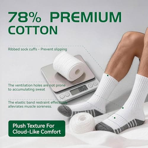 Crew Socks for Men, Mens White Socks Athletic Feetures Cushioned with Arch Support Cotton Running Hiking Essentials Moisture,1-Pairs Premium Trial Pack - Thumbnail 4