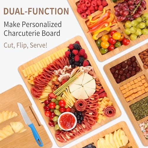 CAWIU Charcuterie Board with Lid and Handle - Portable Travel Design Bamboo Cheese Board Set with 4 Cheese Tools, Gift for Housewarming, Weddings, Picnics(8 Compartments, White) - Thumbnail 4
