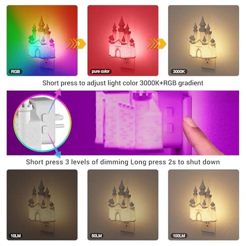 JandCase Night Lights Plug into Wall,3D Printed Castle RGB Night Light,2 Pack 10-Color Change Night Light,Dimmable Nightlights with Dusk to Dawn Sensor for Rooms Bathroom Hallway - Thumbnail 3