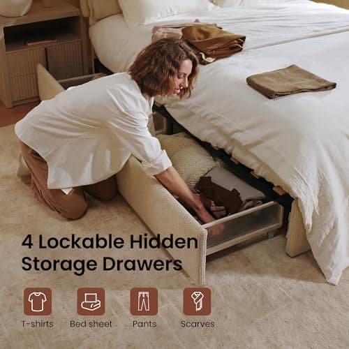ModernMate Queen Bed Frame with 4 Storage Drawers, Upholstered Bed Frame with Adjustable Headboard, Dual Cushions Design, OEKO-TEX Fabric, Noise-Free, Wooden Slats Support, No Box Spring Needed, Beige - Thumbnail 4