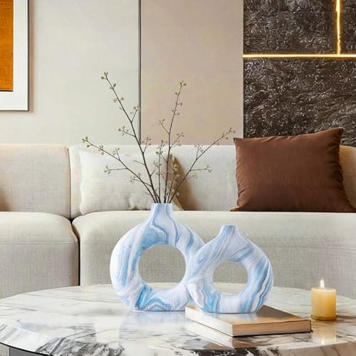 Ceramic Donut Vase Set of 2, Light Blue & White Ring Centerpiece for Pampas Grass, Modern Boho Hugging Snuggle Design, Small Blue Flower Holder for Shelf, Mantel, Wedding Table Decor（8.86"H & 7.09"H） - Thumbnail 5