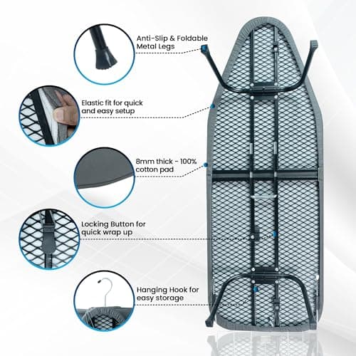 OXZOR Metal Mesh Panel Tabletop Ironing Board | Foldable Iron Board | Heavy Duty Small Iron Board with Heat Resistant Cover and 100% Cotton 8mm Thicken Pad (Grey) - Thumbnail 4