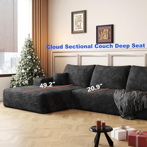 RENDGO 108" Cloud Boneless Sectional Couch for Living Room,Modular L Shaped Couch with Deep Seat Left Facing Chaise,Memory Foam Compressed Spineless 3 Seater Sofa for Apartment,Black - Thumbnail 3