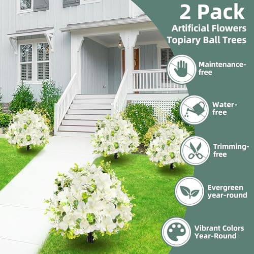 2 Pack Artificial Flowers Topiary Ball Tree, 21.7" Fake Plants with Ground Spike, UV-Resistant Faux Boxwood Shrub, Realistic Evergreen Bushes for Indoor/Outdoor Front Porch & Garden Decor (White) - Thumbnail 5