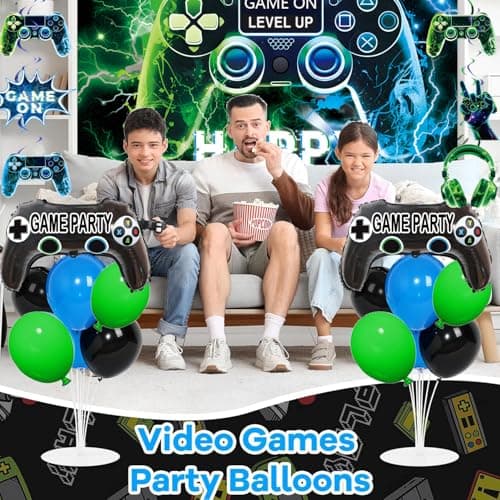 Video Game Party Decorations Set – Gamer Birthday Supplies with Backdrop, Table Cover, Hanging Swirls, Cake Toppers, Foil Balloons for Boys & Kids - Thumbnail 6