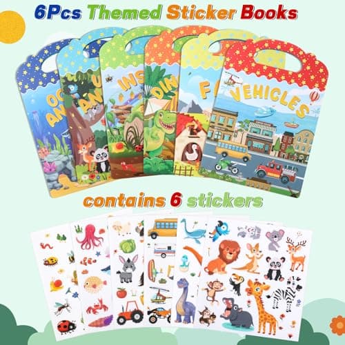 6Pcs Reusable Sticker Books, Sticker Books for Toddlers 2-4 Years, Vehicles Insects Animals Dinosaurs Stickers Scenes for Crafts Parties Travel Boys Girls Gifts - Thumbnail 2