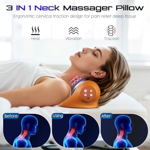 JDZ Neck Massager with Heat, 3-in-1 Electric Cervical Massager for Pain Relief with Hot Compress, Ergonomic Neck and Shoulder Relaxer Stretcher - ldeal Gift for Office Athletes Everyone etc. Brown - Thumbnail 2