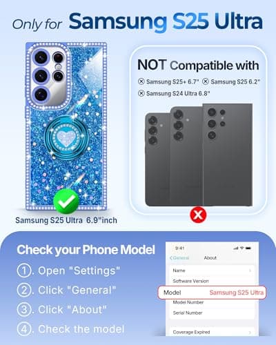 XYZ for Galaxy S25 Ultra Case, Glitter Bling Phone Cover with 2-Ring Heart Stand & Lanyard, Women Girls Luxury Rhinestone Shockproof Protective Case para Samsung S25 Ultra, Blue - Thumbnail 6