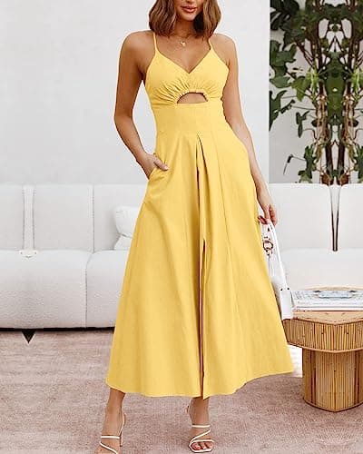 BTFBM Women 2026 Spaghetti Strap Midi Summer Dresses Sleeveless V Neck Cutout Slit Casual Beach Party Maxi Dress Pockets(Yellow, Large) - Thumbnail 3
