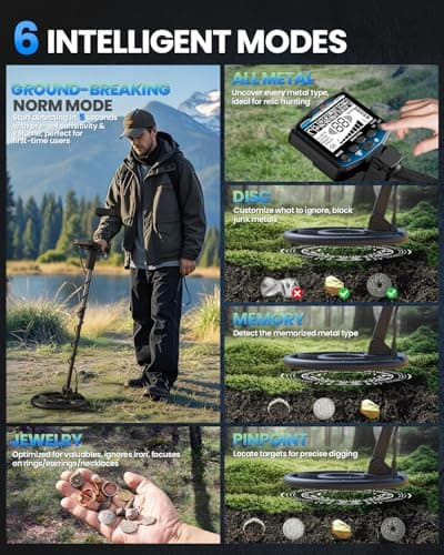 SuperEye Metal Detector for Adults Professional, Higher Accuracy Gold Silver Metal Detectors Kit, Intelligent NORM Mode for Beginner, 6 Modes, Advanced DSP Chip,10" Waterproof Coil, Larger LCD, Blue - Thumbnail 4