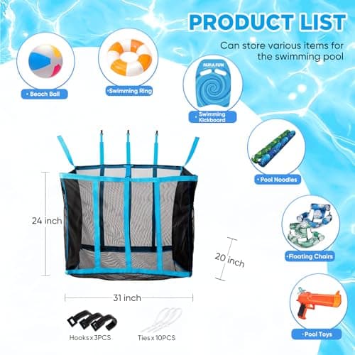 AURASUN 31" L x 20" W Poolside Float Storage Bag for Fence & Deck - Hanging Mesh Organizer for Beach Balls, Basketball and Volleyball - Pool Accessories Organizer with Side Pocket - Thumbnail 2