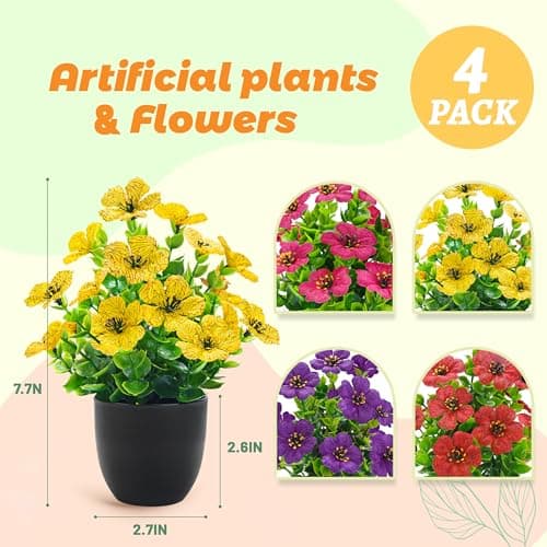 Der Rose 4 Pack Fake Plants in Matte Black Pot DIY Assembly Mini Artificial Flowers, Spring Home Decor for Office Desk Bedroom Bathroom - Thumbnail 5