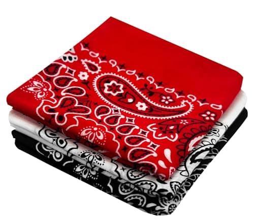 3 Pack Classic Cotton Bandanas for Men Women - 100% Cotton, 22x22 In, Paisley, Red White Black - Large Western Cowboy Head Bandannas Handkerchiefs