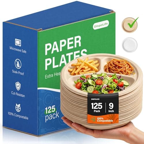 Compostable Heavy Duty Plates: 9 Inch 125 Pack 3 Compartment Disposable Paper Plate - 100% Natural Bagasse Biodegradable Eco Friendly Sugarcane Plates for - Outdoor Birthday Parties - Natural Brown