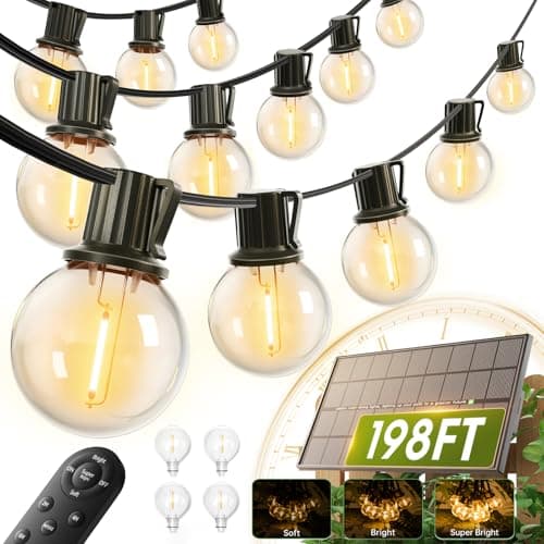 addlon 198FT(192+6) Solar String Lights Outdoor Waterproof, 60+4 LED Shatterproof Bulbs with Remote, 3 Light Modes Dimmable Timable, Extra Long Patio Lights for Large Backyard, Garden, Wedding, Party